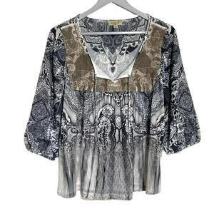 One World XL black white + brown‎ bohemian peasant top Babydoll Retro Y2K Hippie